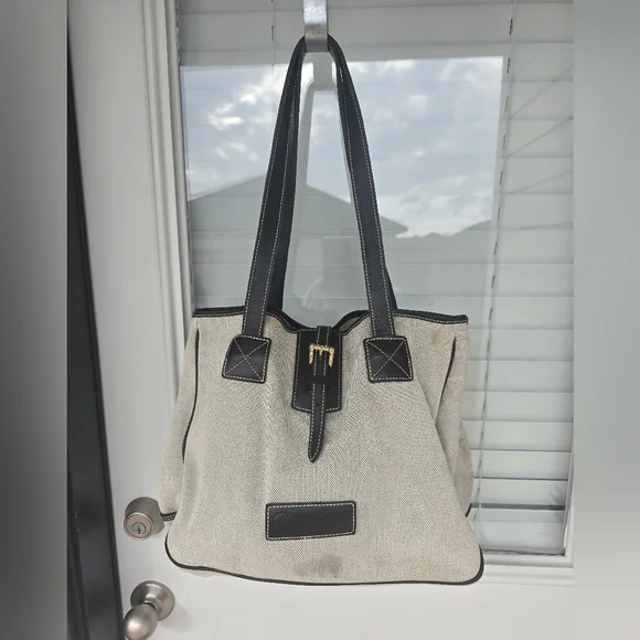 Dooney & Bourke Black Cream Tote Bag Gold Buckle Large 12x13 Inches - Picture 1 of 15